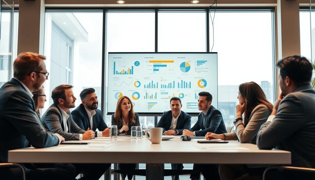 A vibrant market analysis scene with a focus on the "Hedef Pazar Analizi" concept. The foreground depicts a group of business professionals gathered around a large table, engaged in a lively discussion, their expressions thoughtful and determined. The middle ground showcases a wall-mounted display featuring charts, graphs, and data visualizations, providing insights into the target market. The background features a modern office setting with floor-to-ceiling windows, allowing natural light to flood the space and create a sense of openness and collaboration. The overall atmosphere conveys a sense of strategic planning and decision-making, with a warm and professional tone. Lighting is soft and diffused, creating a balanced and refined aesthetic.