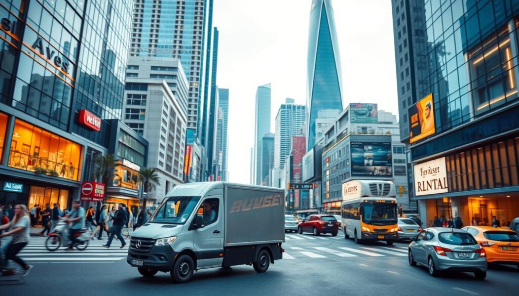 A vibrant urban scene showcasing the thriving world of "Sürücülük ve Teslimat Hizmetleri". In the foreground, a sleek, modern delivery vehicle navigates the bustling city streets, its driver focused and efficient. In the middle ground, pedestrians and other vehicles intermingle, creating a sense of energy and movement. The background features a mix of towering skyscrapers and smaller commercial buildings, conveying the fast-paced, metropolitan environment where these services thrive. The lighting is a mix of natural daylight and warm, ambient city illumination, casting a dynamic glow over the entire scene. The overall mood is one of productivity, convenience, and the seamless integration of transportation and delivery services into the urban landscape.
