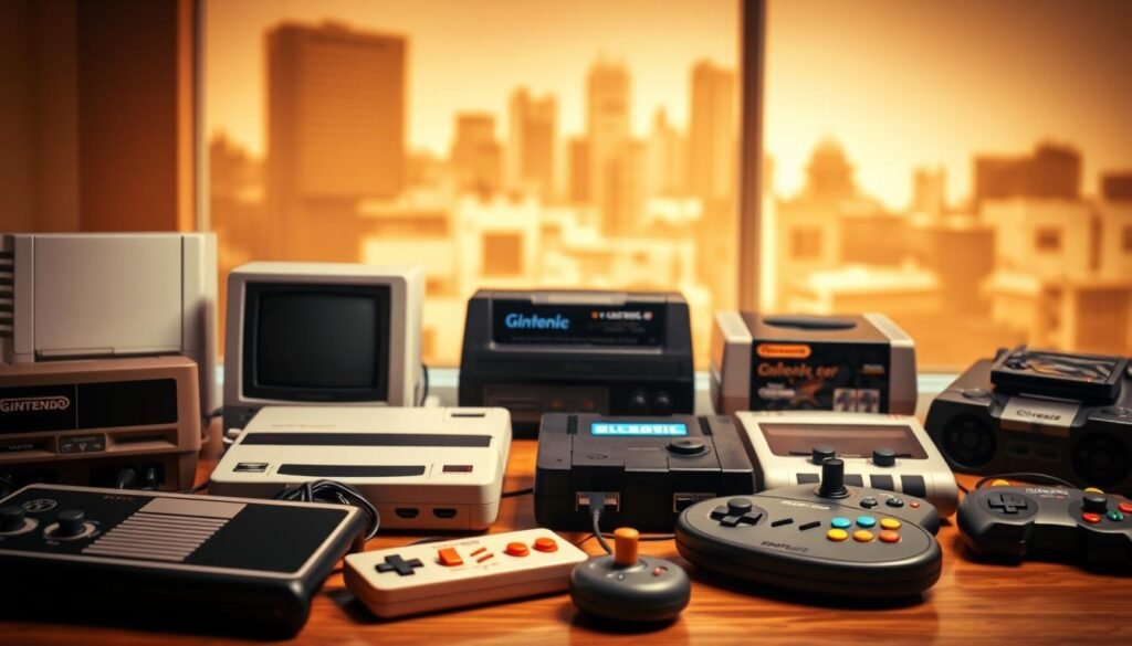 A vintage, retro-themed collection of classic gaming consoles from the 80s and 90s, set against a warm, sepia-toned background. In the foreground, a selection of iconic controllers, joysticks, and cartridges from consoles like the Atari 2600, Nintendo Entertainment System, and Sega Genesis. In the middle ground, the consoles themselves, each with its distinct design and character, arranged in an orderly display. The background features a soft, blurred cityscape or interior setting, evoking a sense of nostalgia and a bygone era of gaming. The lighting is soft and diffused, creating a cozy, atmospheric feel, while the overall composition emphasizes the vintage charm and historical significance of these beloved gaming relics.