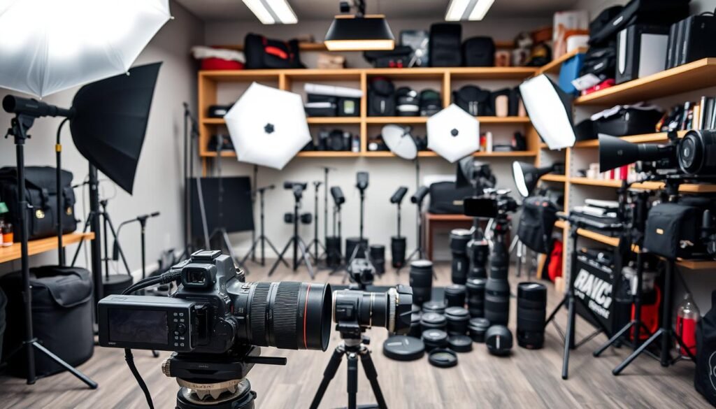 A well-equipped photography studio with an array of high-quality camera gear. In the foreground, a professional-grade DSLR camera with a sturdy tripod and an array of interchangeable lenses, including telephoto, wide-angle, and macro options. In the middle ground, a collection of lighting equipment, such as softboxes, umbrellas, and reflectors, arranged to create a harmonious and balanced illumination. In the background, shelves filled with various accessories, including camera bags, memory cards, batteries, and cleaning supplies, all neatly organized and readily available. The overall atmosphere conveys a sense of professionalism, attention to detail, and a passion for the craft of photography.