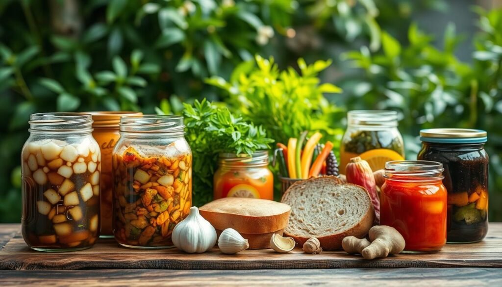 A well-lit, artisanal assortment of fermented foods on a rustic wooden table. In the foreground, a variety of jars contain bubbling kombucha, tangy kimchi, and rich miso. The middle ground features a selection of freshly baked sourdough bread, colorful vegetable ferments, and a few whole ingredients like garlic and ginger. The background showcases lush, verdant greenery and natural lighting, creating a serene, healthful atmosphere. The overall composition conveys the growing popularity of homemade, gut-friendly fermented foods, reflecting their rise in culinary and wellness trends.