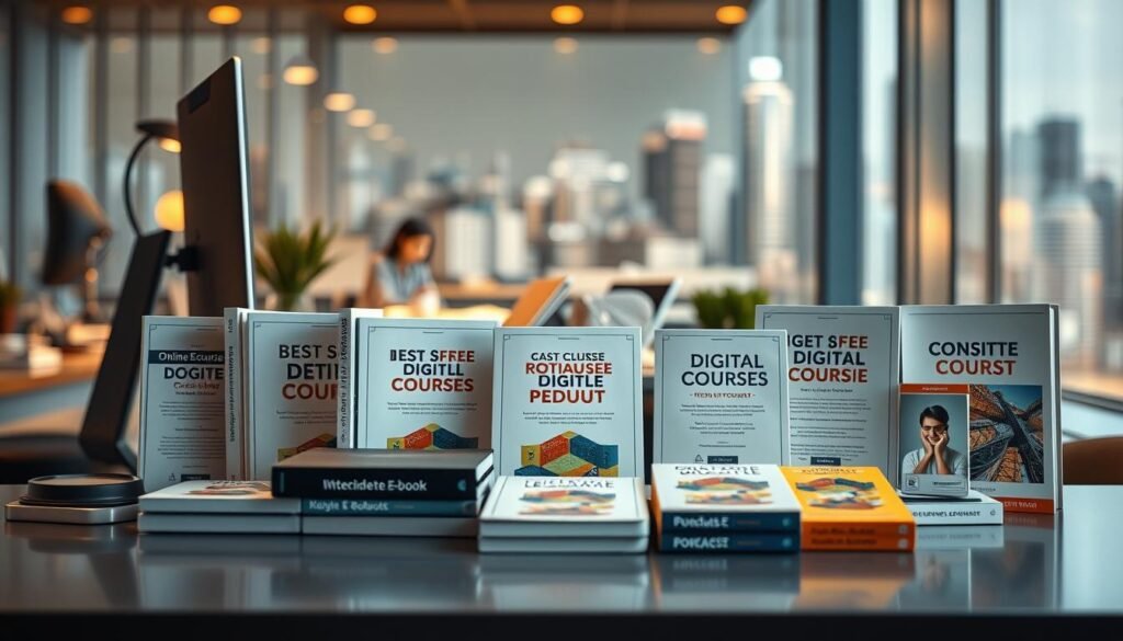 A well-lit, high-quality image showcasing a variety of digital products for sale, such as e-books, online courses, and digital downloads. The scene depicts a sleek, modern workspace with a desk, computer, and various digital devices. The foreground features a collection of digital products displayed on the desk, with clean, minimal packaging and branding. The middle ground shows a person's hands interacting with a tablet or laptop, highlighting the ease of digital product purchasing and distribution. The background has a blurred, out-of-focus cityscape, conveying a sense of a thriving digital economy. The lighting is warm and inviting, creating a professional and aspirational atmosphere. The overall composition and details emphasize the convenience, versatility, and profitability of digital product sales.