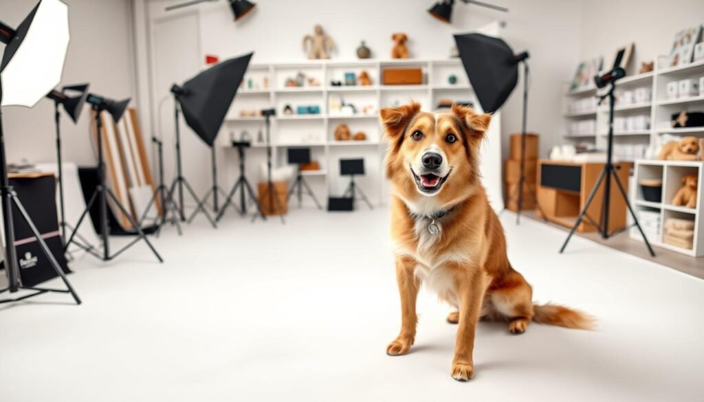 A well-lit, professional pet model agency studio with a seamless white backdrop. In the foreground, a playful, photogenic mixed-breed dog poses confidently, its coat neatly groomed and eyes alert. The middle ground features various props and equipment used for pet photography, such as soft lighting setups, reflectors, and camera tripods. The background showcases shelves of pet accessories, portfolios, and other agency-related decor, conveying a polished, commercial atmosphere. The lighting is soft and flattering, highlighting the dog's features and creating a sense of professionalism and expertise. The overall scene embodies the concept of transforming a household pet into a successful model through the resources and guidance of a dedicated pet model agency.