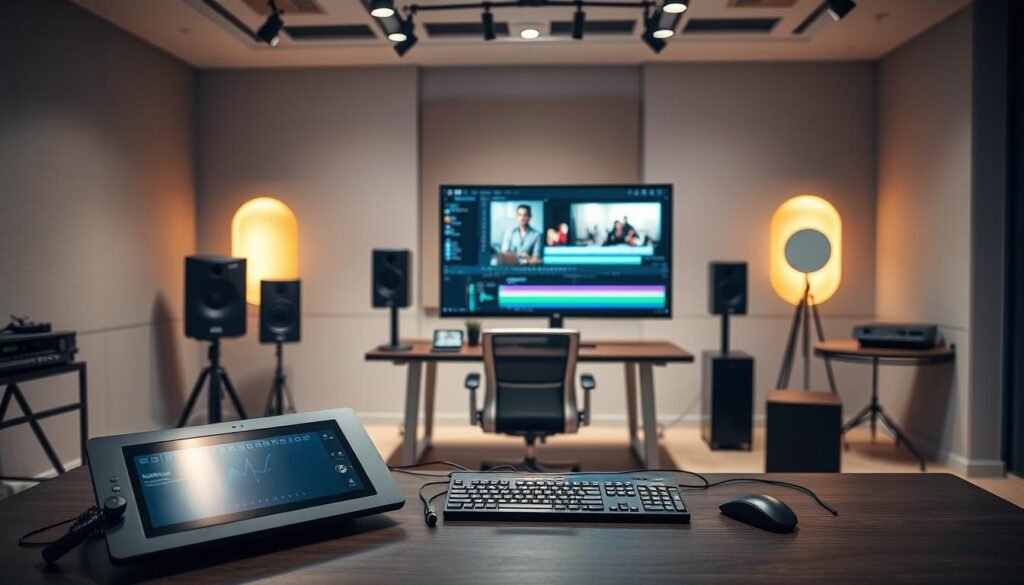 A well-lit studio workspace with a professional video editing software interface prominently displayed on a large, high-resolution monitor. In the foreground, various video editing tools and equipment, such as a graphics tablet, keyboard, and mouse, are neatly arranged. The middle ground features a sleek, modern desk and ergonomic chair, while the background showcases a minimalist, yet sophisticated decor, with subtle accent lighting and neutral-toned walls. The overall atmosphere conveys a sense of focus, creativity, and technological sophistication, reflecting the intricate process of video editing.
