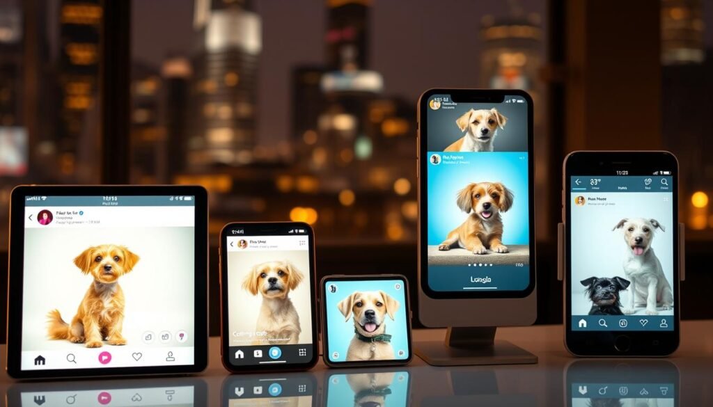 An elegant social media platform interface, showcasing various pet models showcased on various social media screens. Soft, warm lighting highlights the pets' features, drawing the viewer's attention. The layout is clean and modern, with intuitive navigation and user-friendly design. In the background, a blurred cityscape sets the scene, hinting at the global reach of these platforms. The overall atmosphere conveys a sense of professionalism, creativity, and the potential for successful pet modeling careers.