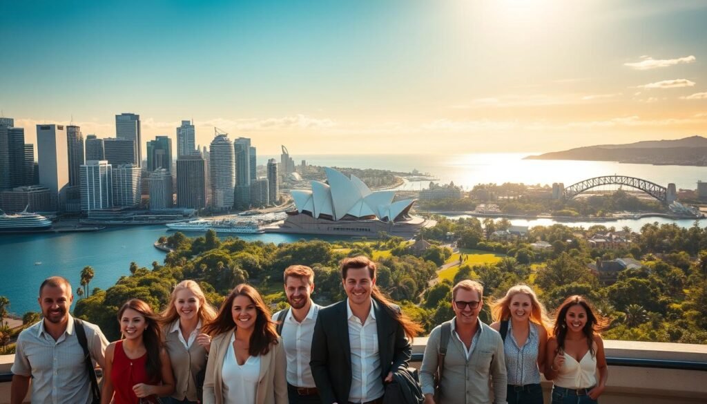 Vibrant cityscape of Sydney, Australia's bustling metropolis, with modern skyscrapers and iconic landmarks like the Opera House casting a serene reflection on the glittering harbor waters. In the foreground, a group of smiling, diverse professionals stride confidently, embodying the dynamic, multicultural work culture. Warm, golden sunlight filters through, creating a sense of opportunity and optimism. In the middle ground, lush, verdant parks and gardens provide tranquil respites for workers to recharge. The background showcases breathtaking coastal vistas, hinting at the work-life balance and natural wonders that make Australia an attractive destination for global talent.