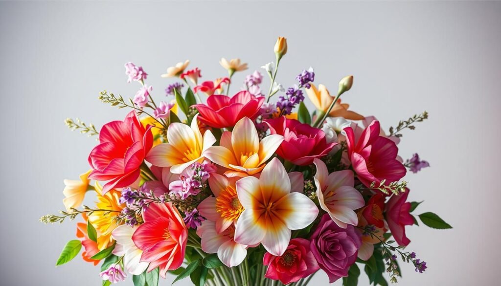 Vibrant digital bouquet arrangement, showcasing a harmonious blend of virtual floral elements. A captivating centerpiece composed of lush, lifelike petals, delicate stems, and vivid hues that seemingly dance in the soft, ambient lighting. The composition is framed by a serene, minimalist background, allowing the digital flora to take center stage. Subtle, ethereal textures and a sense of depth create an immersive, dreamlike atmosphere, inviting the viewer to experience the beauty of digitally crafted floristry. The image should convey the essence of "Dijital Çiçekçilik" - the art of designing and curating virtual floral arrangements for a modern, digitally-driven audience.