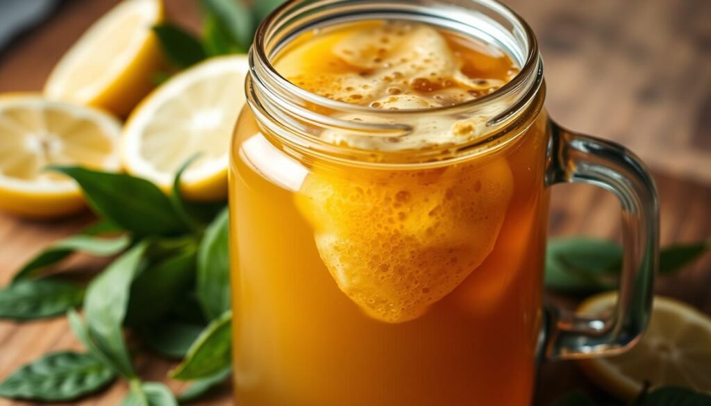 a glass jar filled with a golden-brown effervescent liquid, with a vibrant SCOBY (symbiotic culture of bacteria and yeast) floating on the surface, surrounded by fresh green tea leaves and a few slices of lemon, shot in a warm, natural lighting with a shallow depth of field, showcasing the complex layers and textures of this probiotic beverage