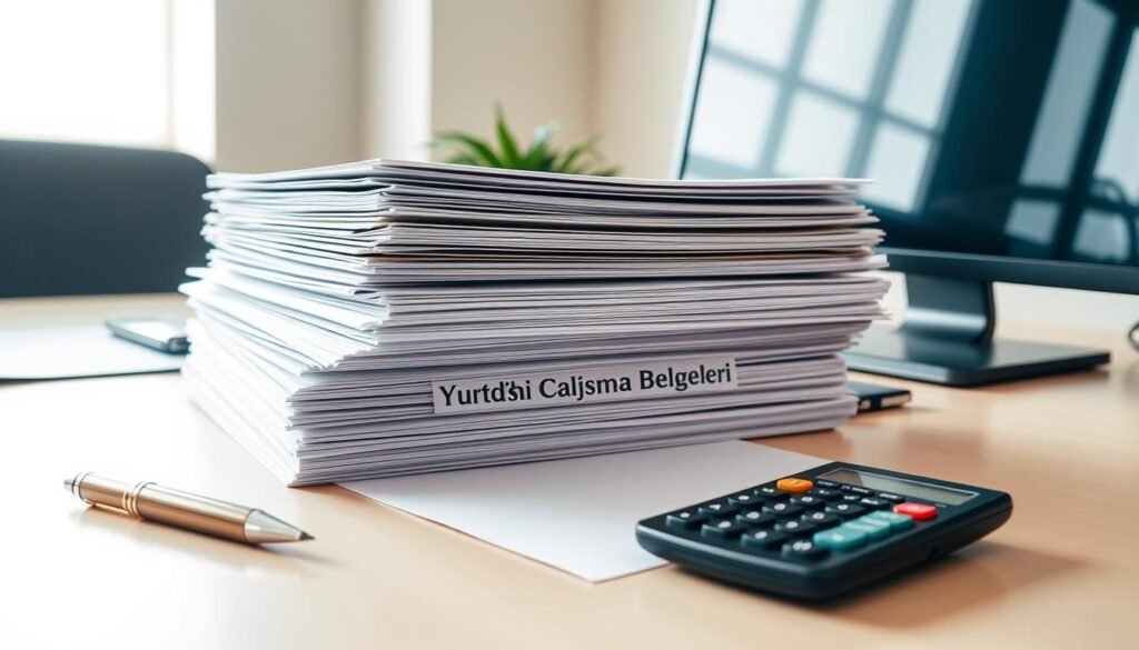 A clean, well-organized office desk displaying a stack of official documents labeled "Yurtdışı Çalışma Belgeleri" (Overseas Work Documents), meticulously arranged alongside a stylish pen, calculator, and a modern computer monitor. The lighting is soft and diffused, creating a professional and inviting atmosphere. The composition emphasizes the importance and organization of the required paperwork for international employment, conveying a sense of efficiency and attention to detail.