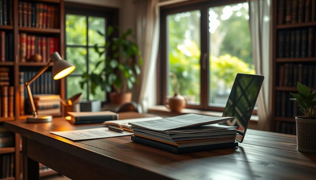 A cozy home office, the focal point a sturdy wooden desk adorned with a laptop, pen, and a stack of documents. In the background, a bookshelf filled with leather-bound volumes, casting a warm glow from a desk lamp. Through a window, a lush, verdant garden scene is visible, hinting at the tranquility of a subscription-based business model. The overall atmosphere is one of productivity, organization, and a sense of balance between work and leisure. Soft, diffused lighting creates a serene, contemplative mood, inviting the viewer to consider the potential of a subscription-based digital product.