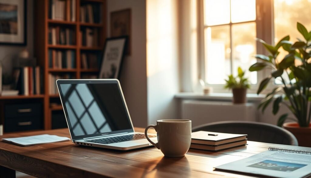 A cozy home office with a laptop, coffee mug, and potted plant on a wooden desk. Warm, golden lighting filters through the window, casting a soft glow. The background features a bookshelf filled with tomes, a framed artwork, and a plant in the corner. The scene conveys a sense of productivity, focus, and the comforts of working from the freedom of one's own space. The overall atmosphere is one of calm, balance, and the joys of the freelance lifestyle. A cozy home office with a laptop, coffee mug, and potted plant on a wooden desk. Warm, golden lighting filters through the window, casting a soft glow. The background features a bookshelf filled with tomes, a framed artwork, and a plant in the corner. The scene conveys a sense of productivity, focus, and the comforts of working from the freedom of one's own space. The overall atmosphere is one of calm, balance, and the joys of the freelance lifestyle.