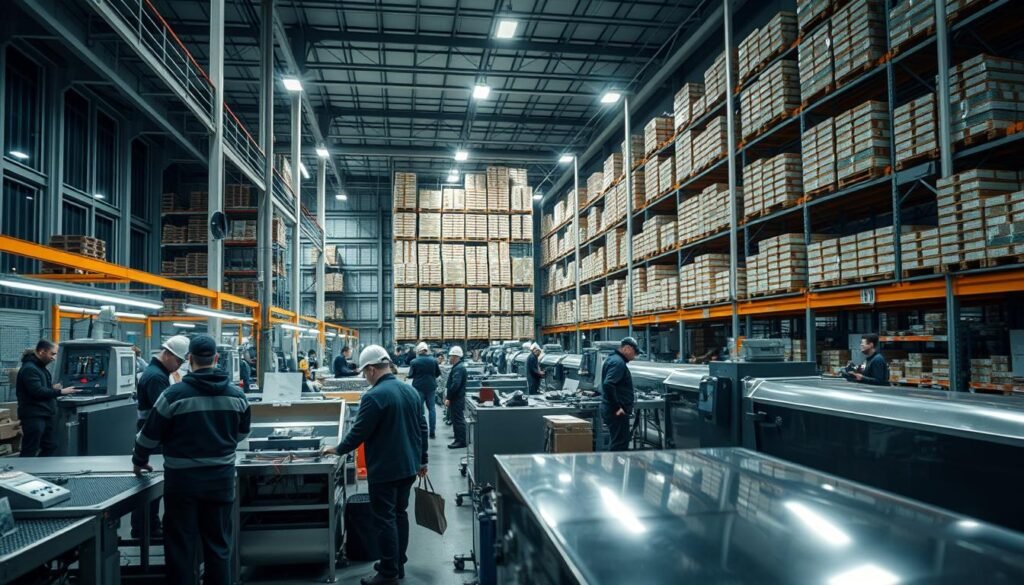 A dynamic European factory floor, with workers bustling around modern industrial equipment. Gleaming metal surfaces reflect the bright overhead lighting, casting a sense of efficiency and productivity. In the background, towering storage racks filled with neatly organized inventory, symbolizing the logistical prowess of the operation. The overall atmosphere exudes a spirit of opportunity, with the potential for skilled individuals to contribute to the thriving economic ecosystem. Crisp, cinematic composition capturing the essence of industrial employment prospects abroad.