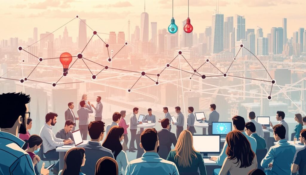 A dynamic and interconnected startup ecosystem, with a diverse array of innovators, investors, and enablers collaborating to nurture groundbreaking ideas. In the foreground, a vibrant network of entrepreneurs pitching their visions to a panel of attentive venture capitalists, their faces alight with enthusiasm. In the middle ground, a bustling co-working space filled with the hum of creativity, where developers, designers, and industry experts exchange knowledge and strategies. The background depicts a cityscape skyline, symbolizing the integration of the startup ecosystem within the broader urban landscape, with skyscrapers and infrastructure reflecting the scale and potential of this dynamic environment. A dynamic and interconnected startup ecosystem, with a diverse array of innovators, investors, and enablers collaborating to nurture groundbreaking ideas. In the foreground, a vibrant network of entrepreneurs pitching their visions to a panel of attentive venture capitalists, their faces alight with enthusiasm. In the middle ground, a bustling co-working space filled with the hum of creativity, where developers, designers, and industry experts exchange knowledge and strategies. The background depicts a cityscape skyline, symbolizing the integration of the startup ecosystem within the broader urban landscape, with skyscrapers and infrastructure reflecting the scale and potential of this dynamic environment.