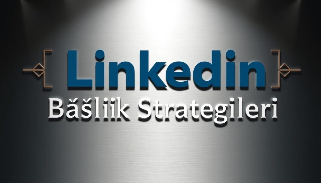A professional, sleek LinkedIn profile header showcasing "LinkedIn Başlık Stratejileri". Set against a minimalist, elegant background with subtle metallic accents, the header features an impactful, eye-catching headline in a modern, serif typeface. Understated decorative elements such as geometric shapes or abstract patterns frame the text, creating a polished, sophisticated visual composition. The lighting is soft and directional, highlighting the header's clean design and lending an air of authority and credibility. The overall mood is one of professionalism, expertise, and digital savvy, reflecting the strategic importance of the LinkedIn profile headline.
