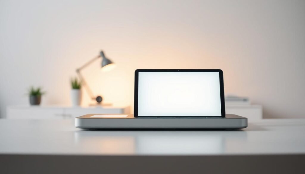 A serene and minimalist scene depicting a digital product. In the foreground, a simple yet elegant digital device, its sleek display emanating a soft, ambient glow. The middle ground features a clean, uncluttered workspace, with a neutral-toned desk and minimal decor, allowing the digital product to take center stage. The background is a soft, blurred gradient, creating a sense of depth and focus on the digital device. The lighting is soft and diffused, casting a warm, inviting atmosphere. The overall composition conveys a sense of sophistication, simplicity, and the essence of a digital product.