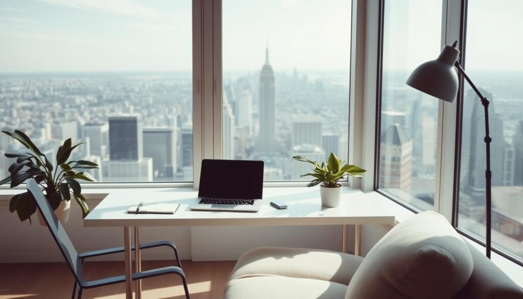 A serene and tranquil workspace, bathed in natural light streaming through large windows. Minimalist yet functional furniture, with a laptop, notebook, and a potted plant, creating a calming ambiance. In the background, a panoramic view of a bustling city skyline, symbolizing the freedom and flexibility of freelance work. The composition conveys the advantages of independent employment - work-life balance, autonomy, and the ability to choose one's own path. Soft, diffused lighting and a muted color palette evoke a sense of focus and creativity. The overall scene represents the benefits of a self-directed, remote-friendly career.