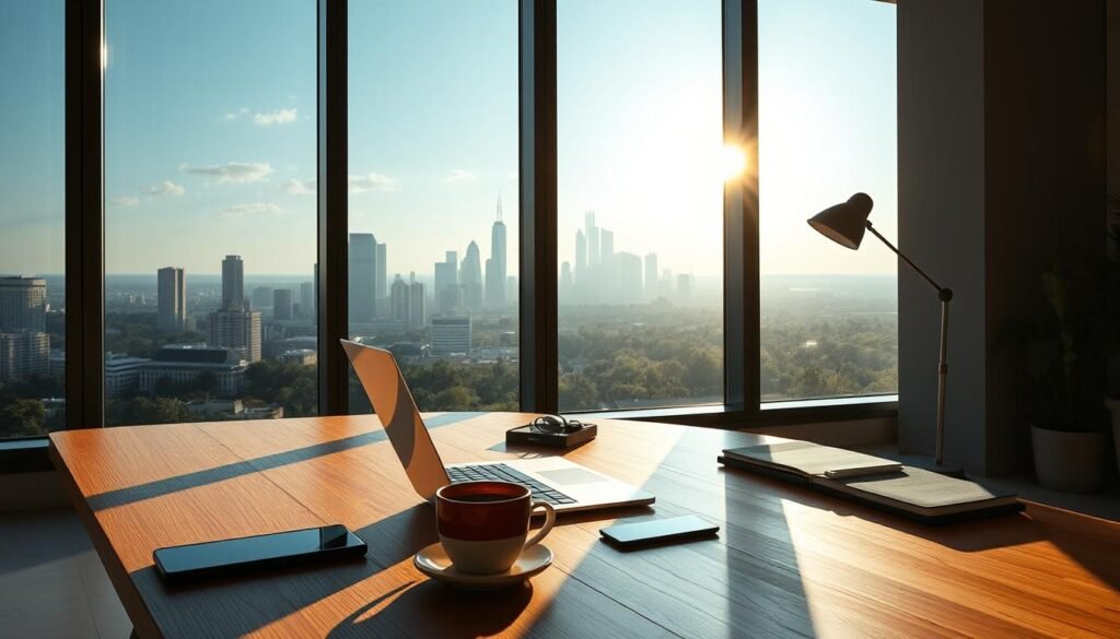 A serene, well-lit workspace with an open laptop, a cup of coffee, and a few carefully organized office supplies on a minimalist wooden desk. Sunlight streams through large windows, casting a warm glow and creating long, dramatic shadows. In the background, a distant cityscape with skyscrapers and lush greenery, suggesting the flexibility and independence of working remotely. The overall mood is one of focused productivity, tranquility, and the freedom to control one's own professional environment.