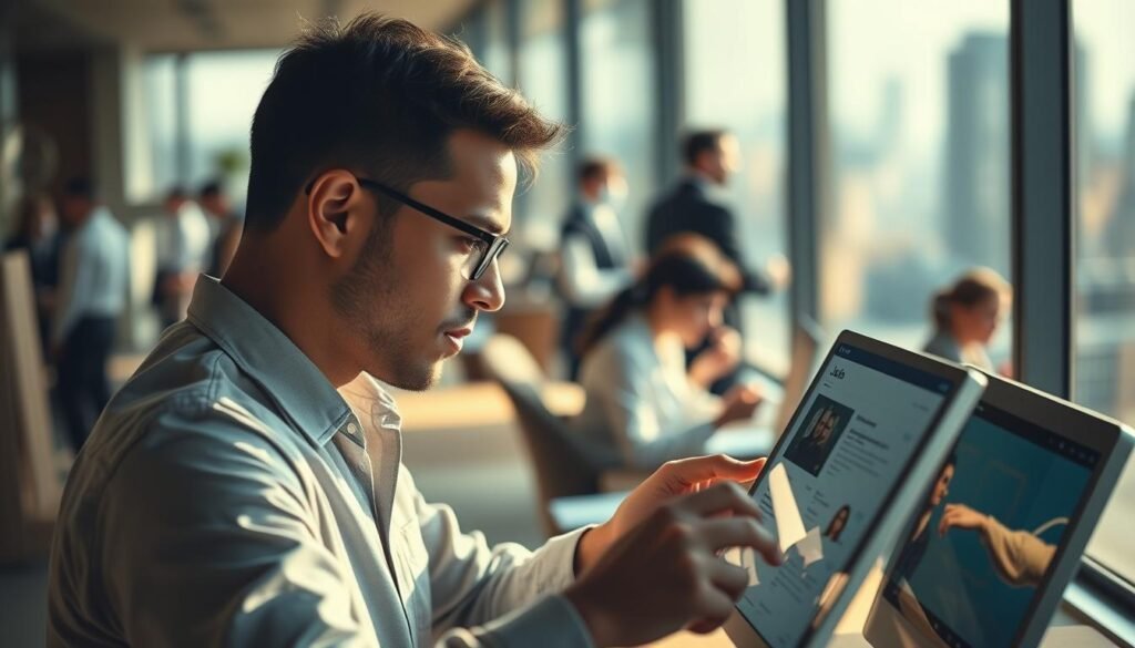 A serene yet dynamic scene of the job search process unfolds. In the foreground, a focused individual navigates a digital interface, meticulously browsing through job postings, their expression one of determined concentration. The middle ground reveals a bustling office environment, with professionals engaged in various tasks, conveying the sense of a thriving professional landscape. In the background, a softly blurred cityscape provides a subtle context, hinting at the broader opportunities that await. The lighting is warm and natural, creating a sense of optimism and possibility. The overall composition evokes a balanced, purposeful atmosphere, capturing the essence of the initial steps in the job search journey.