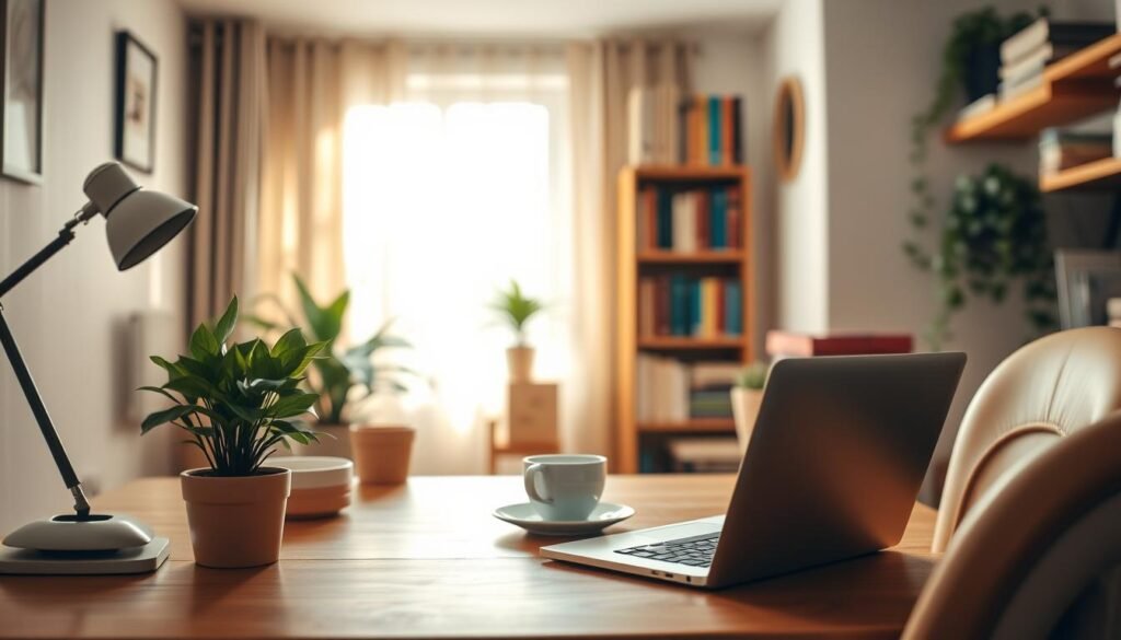 A warm, inviting interior scene showcasing the concept of "ek gelir" (additional income). Set in a cozy, well-lit home office, the frame captures a wooden desk with a laptop, a potted plant, and a cup of coffee, conveying a sense of productivity and financial opportunity. The middle ground features a neatly organized bookshelf, hinting at the knowledge and resources available for supplementing one's income. The background subtly implies a window, allowing natural light to stream in and create a serene, motivating atmosphere. The overall composition exudes a balanced, harmonious feel, reflecting the idea of "ek gelir" as a viable and accessible path to financial stability and personal growth.