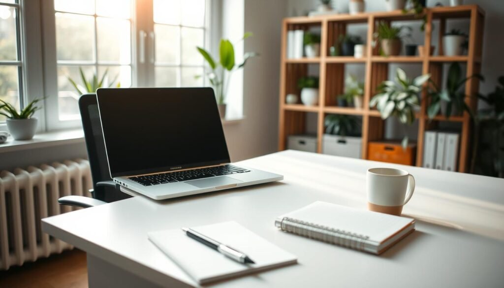 A workspace set up in a cozy home office, with a laptop, desk, and chair arranged in a minimalist, modern style. Soft, natural lighting filters in through large windows, creating a warm, productive atmosphere. In the background, a bookshelf or plant-filled shelves add a touch of greenery and organization. The desk surface is clutter-free, with a few essential items like a pen, notebook, and a stylish mug. The overall scene conveys a sense of focus, comfort, and the flexibility of remote work.